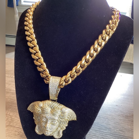Men CZ Diamond Ice Out Medusa 14K Gold Plated  Big Iced Chain+Pendant 14m 22Inch - Picture 6 of 10